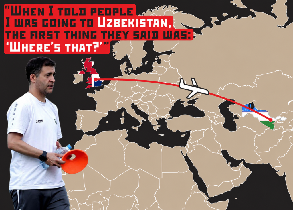 Original graphic showing English coach Gregg Britton’s journey from England to Uzbekistan, illustrating the distance travelled to become the first English coach in the Uzbek Super League.