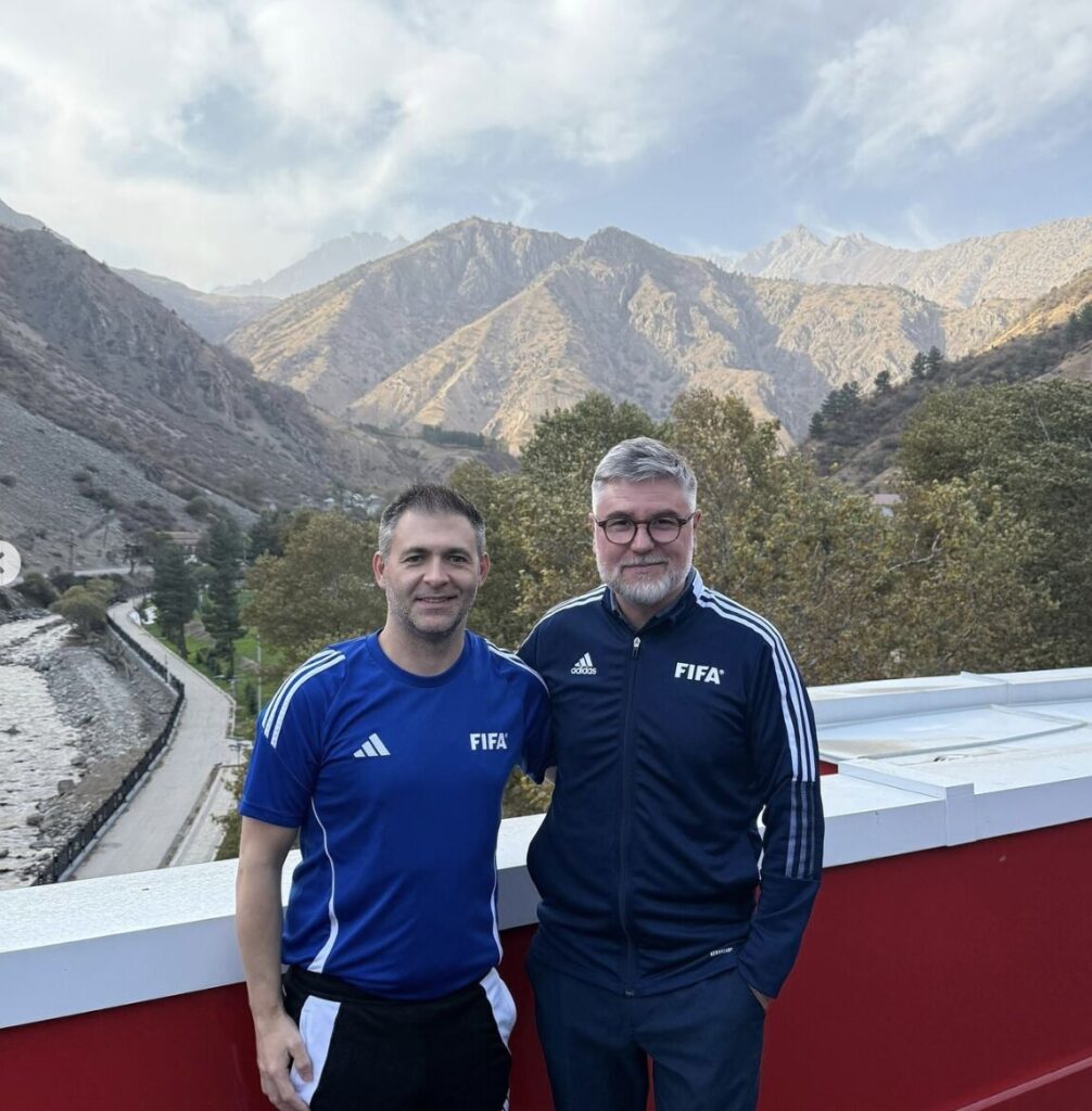 Gregg Britton (left) alongside FIFA High Performance Specialist Marians Pahars during a FIFA Talent Development Scheme camp in Tajikistan.