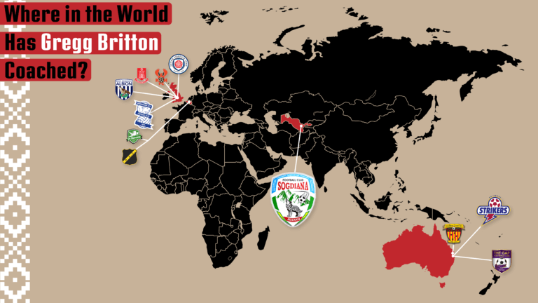 Infographic map showing Gregg Britton’s coaching journey across England, the Netherlands, Australia and Uzbekistan, highlighting his path to becoming the first English coach in the Uzbek Super League.