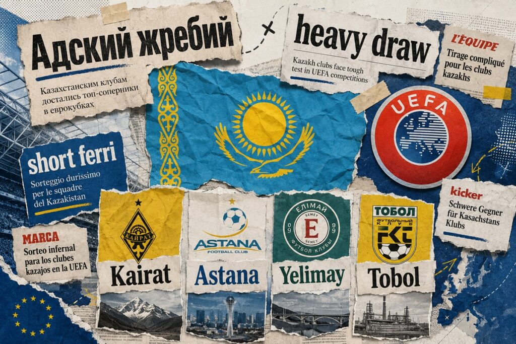 Graphic showing Kairat, Astana, Yelimay and Tobol alongside newspaper-style headlines reacting to Kazakhstan's European draws.