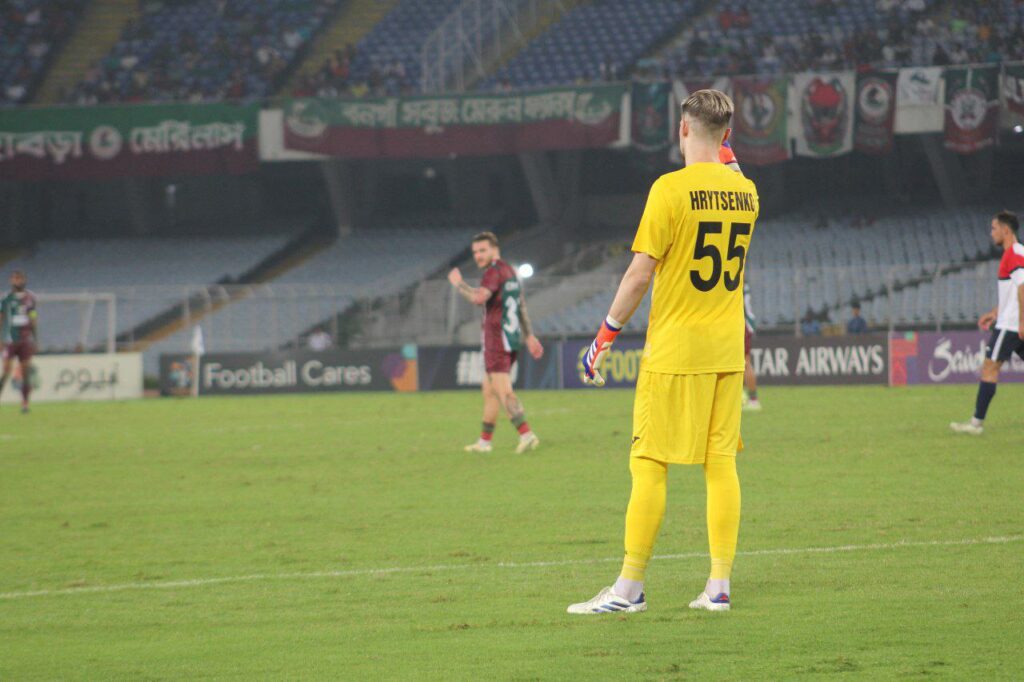 Yevhen Hrytsenko takes a goal kick for Ravshan during an AFC Challenge League match against Mohun Bagan.