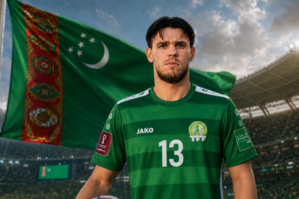 AI illustration of Turkmenistan international Mikhail Titov, who spoke to Eurasia Football about the Asian Cup qualifiers, Arkadag and his career in Kyrgyzstan.
